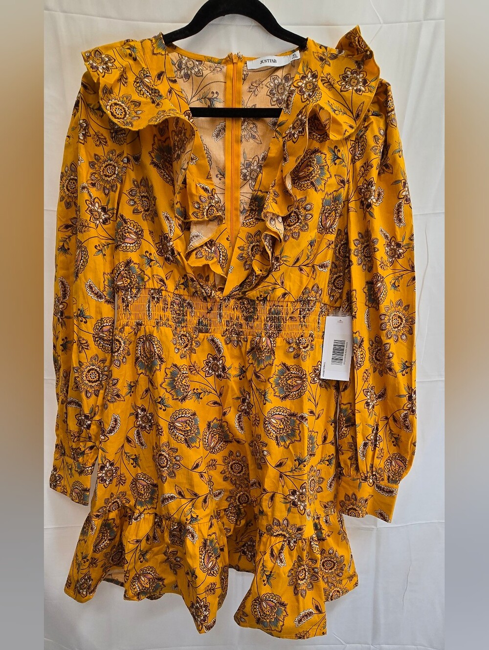 JustFab Floral Ruffle Mini Dress XL Mustard Yellow Smocked Waist NWT
